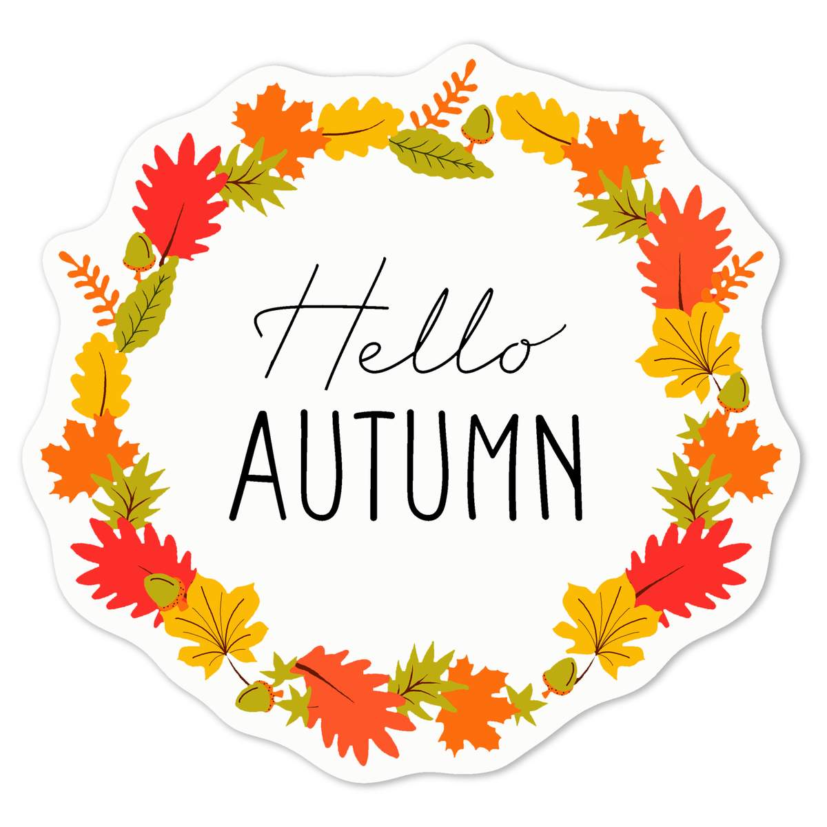 'Hello Autumn Leaf Wreath' White Premium Vinyl Decal Sticker – Waterproof, Durable & Easy to Apply - For Car Bumpers, Windows, Bins & More - Medium (100mm) (DW00070926)
