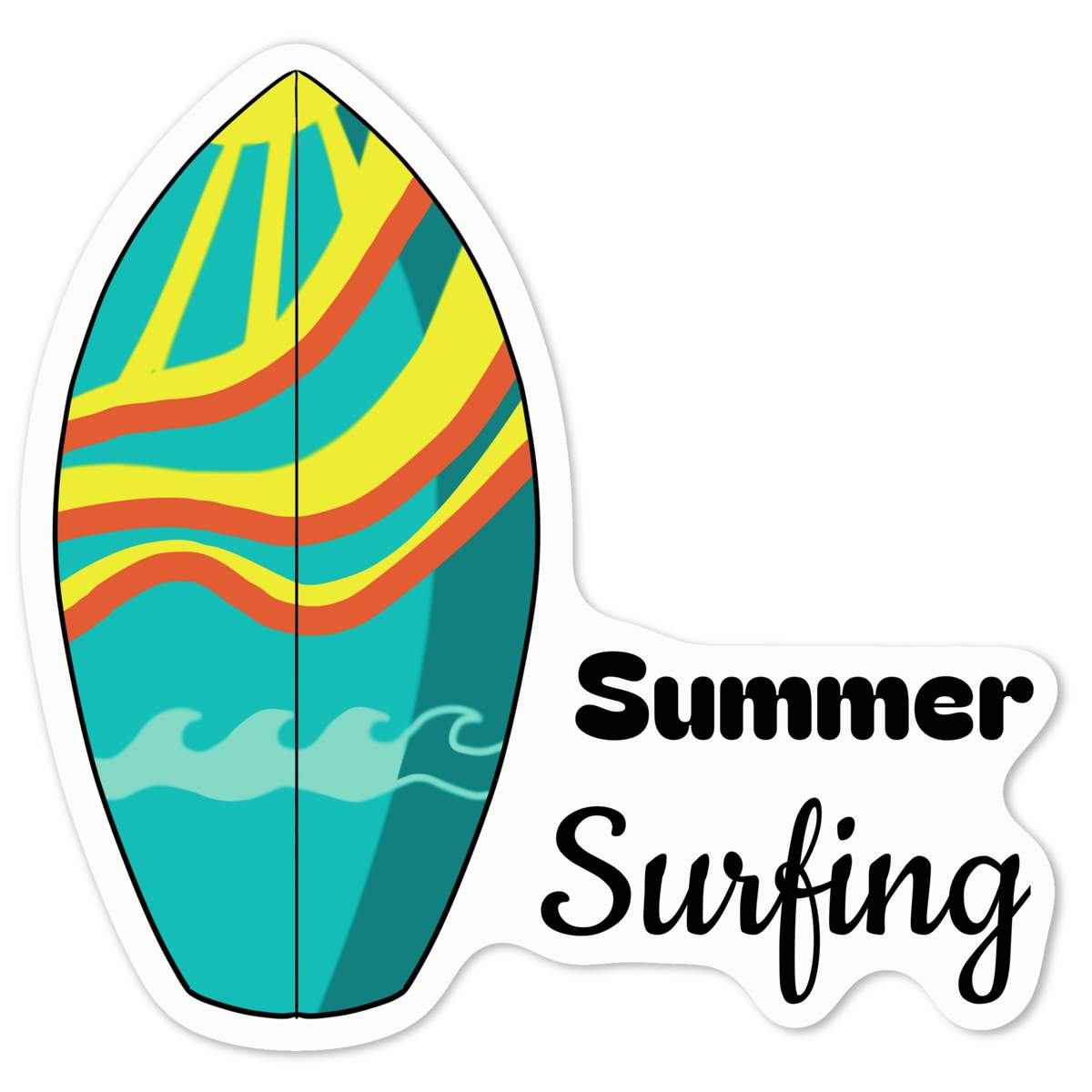 'Summer Surfing' White Premium Vinyl Decal Sticker – Waterproof, Durable & Easy to Apply - For Car Bumpers, Windows, Bins & More - Medium (100mm) (DW00115777)
