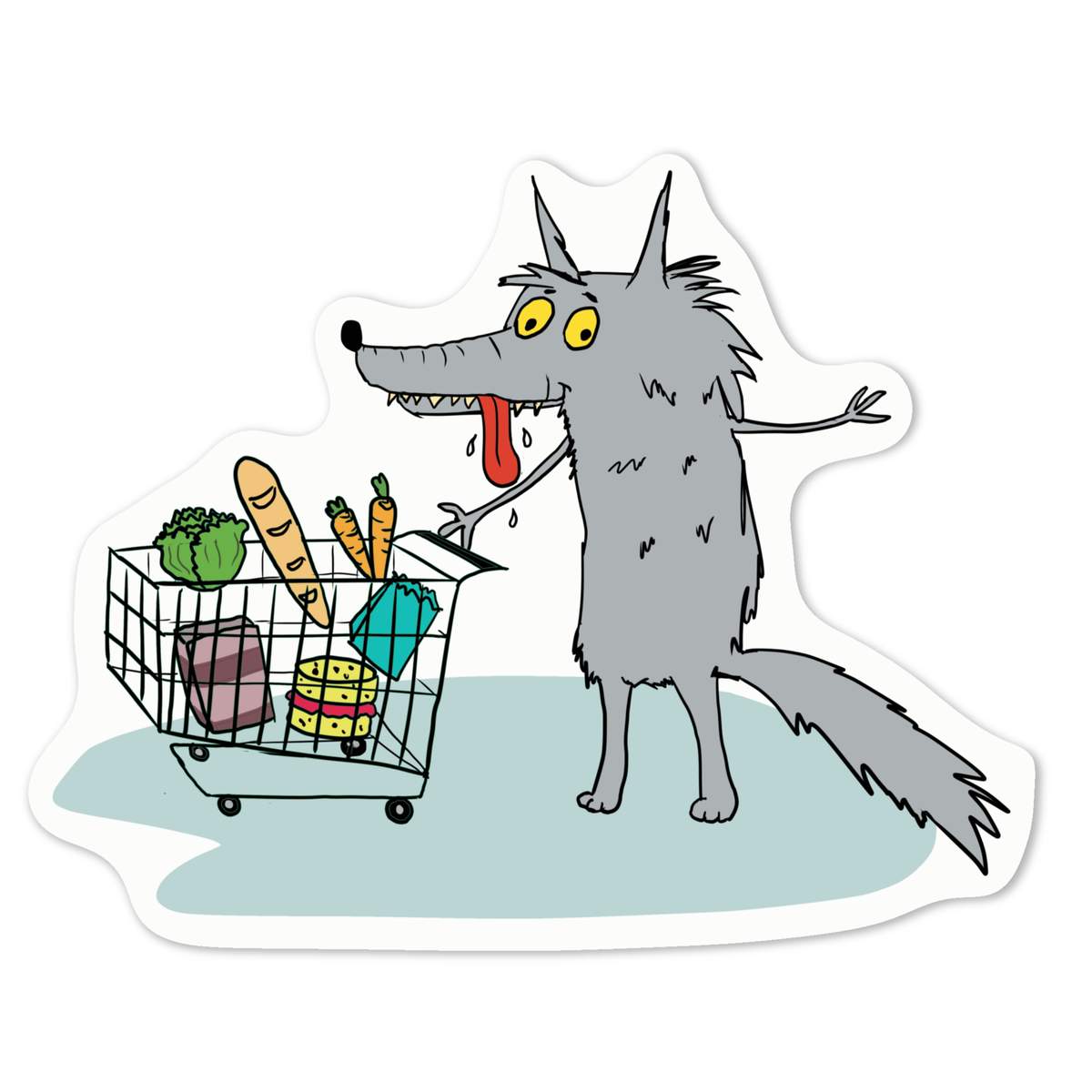 'Hungry Wolf Goes To The Supermarket' White Premium Vinyl Decal Sticker – Waterproof, Durable & Easy to Apply - For Car Bumpers, Windows, Bins & More - Medium (100mm) (DW00119077)