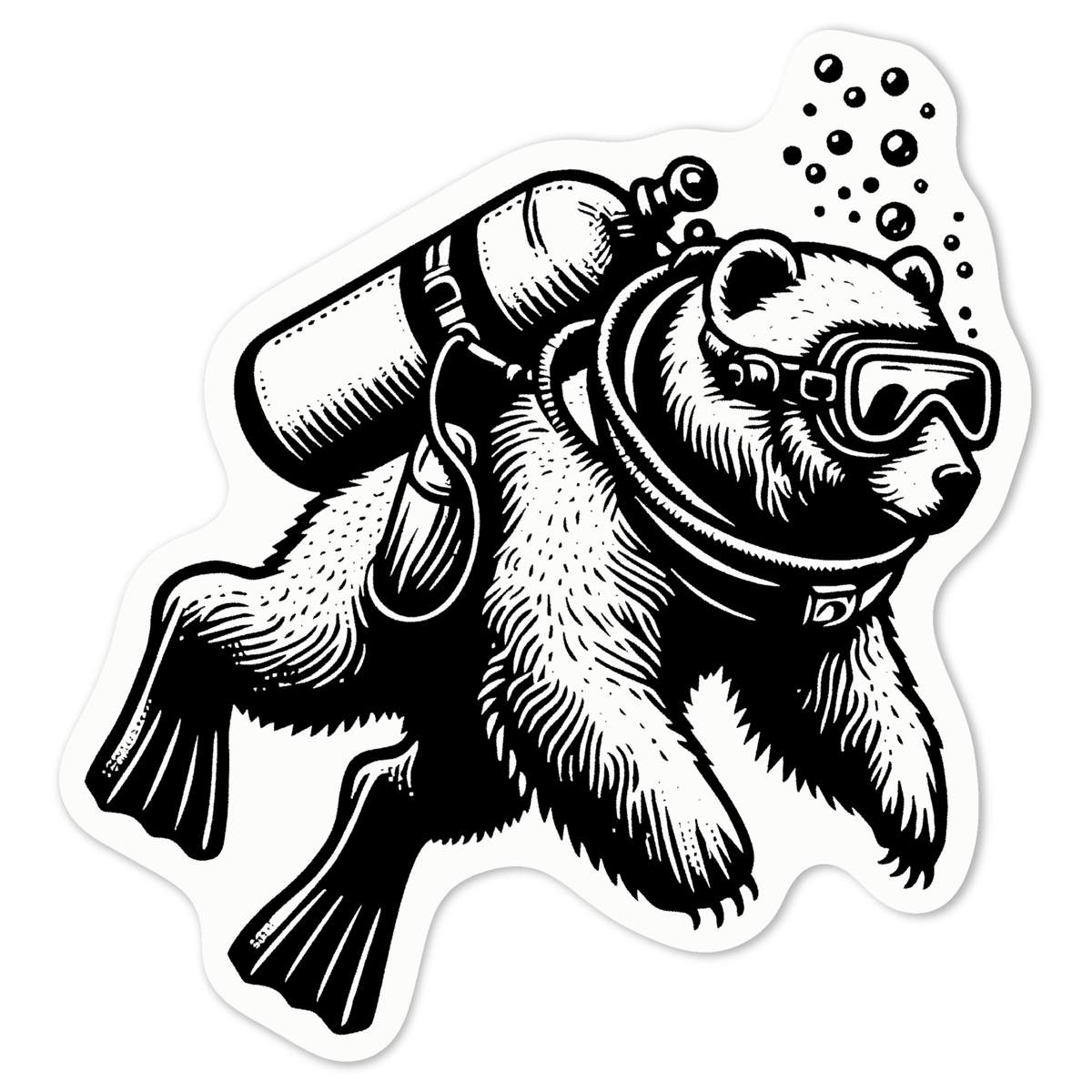 'Scuba Diving Bear' White Premium Vinyl Decal Sticker – Waterproof, Durable & Easy to Apply - For Car Bumpers, Windows, Bins & More - Medium (100mm) (DW00120581)