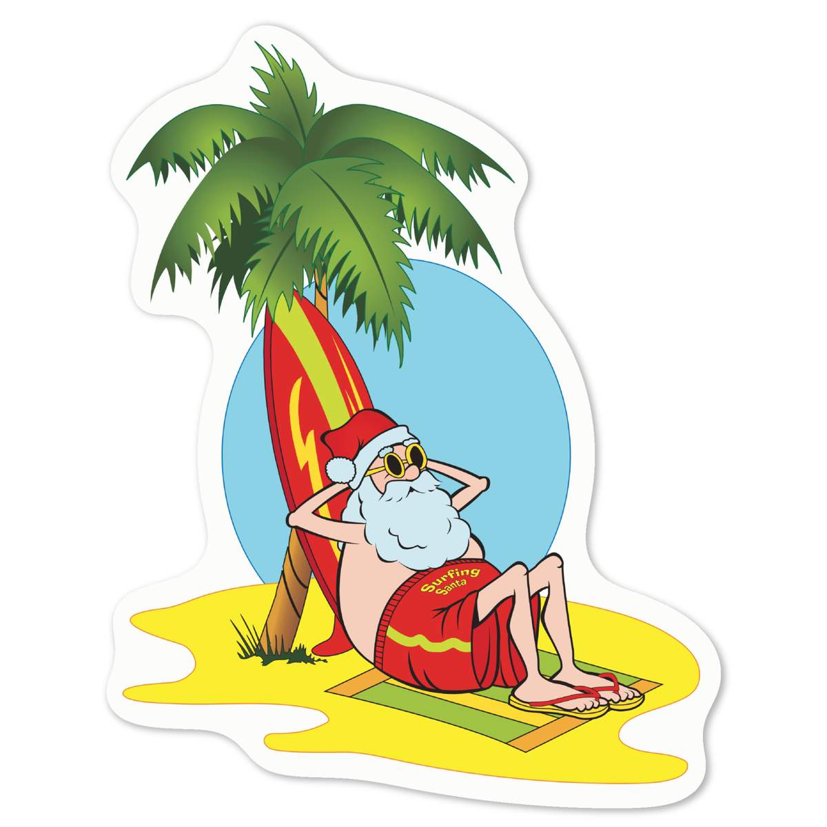 'Surfing Santa' White Premium Vinyl Decal Sticker – Waterproof, Durable & Easy to Apply - For Car Bumpers, Windows, Bins & More - Medium (100mm) (DW00126205)