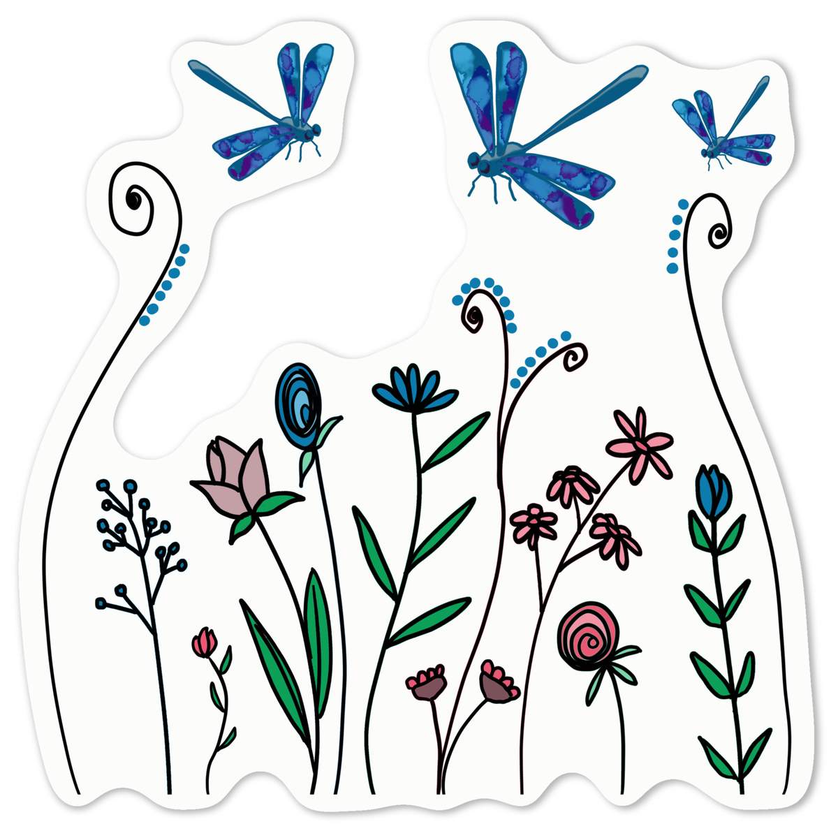 'Dragonflies In Wildflowers' White Premium Vinyl Decal Sticker – Waterproof, Durable & Easy to Apply - For Car Bumpers, Windows, Bins & More - Medium (100mm) (DW00135637)