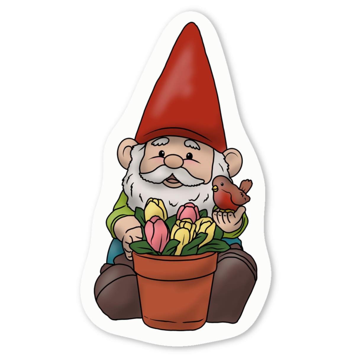 'Cute Garden Gnome' White Vinyl Decal Sticker - Waterproof Permanent Vinyl Decal for Cars, Windows and Bins (DW037051)