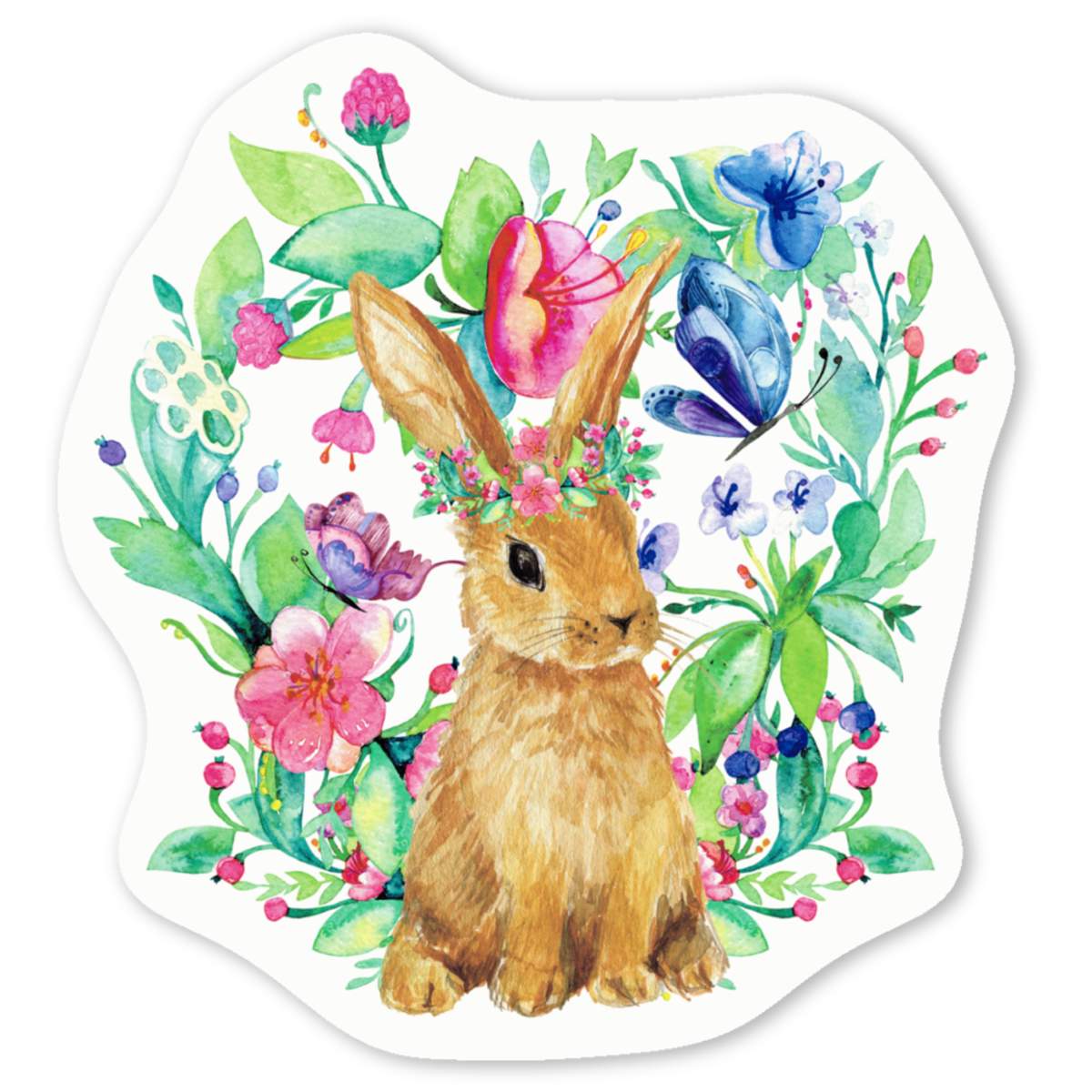 'Spring Bunny With Florals' White Vinyl Decal Sticker - Waterproof Permanent Vinyl Decal for Cars, Windows and Bins (DW039307)