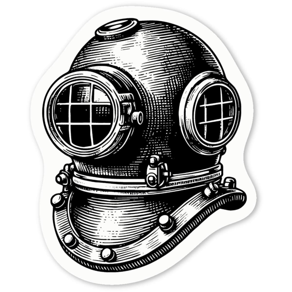 'Vintage Diving Helmet' White Vinyl Decal Sticker - Waterproof Permanent Vinyl Decal for Cars, Windows and Bins (DW045411)