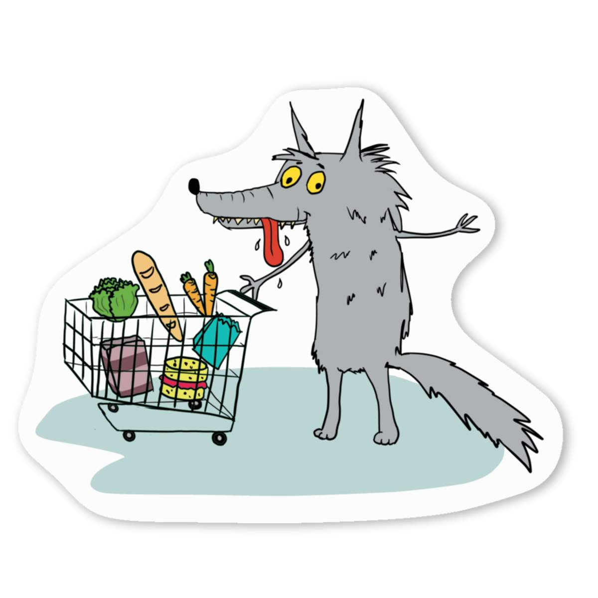 4 x 'Hungry Wolf Goes To The Supermarket' White Premium Vinyl Decal Stickers – Waterproof, Durable & Easy to Apply - For Car Bumpers, Windows, Bins & More - Small (50mm) (DW0011907