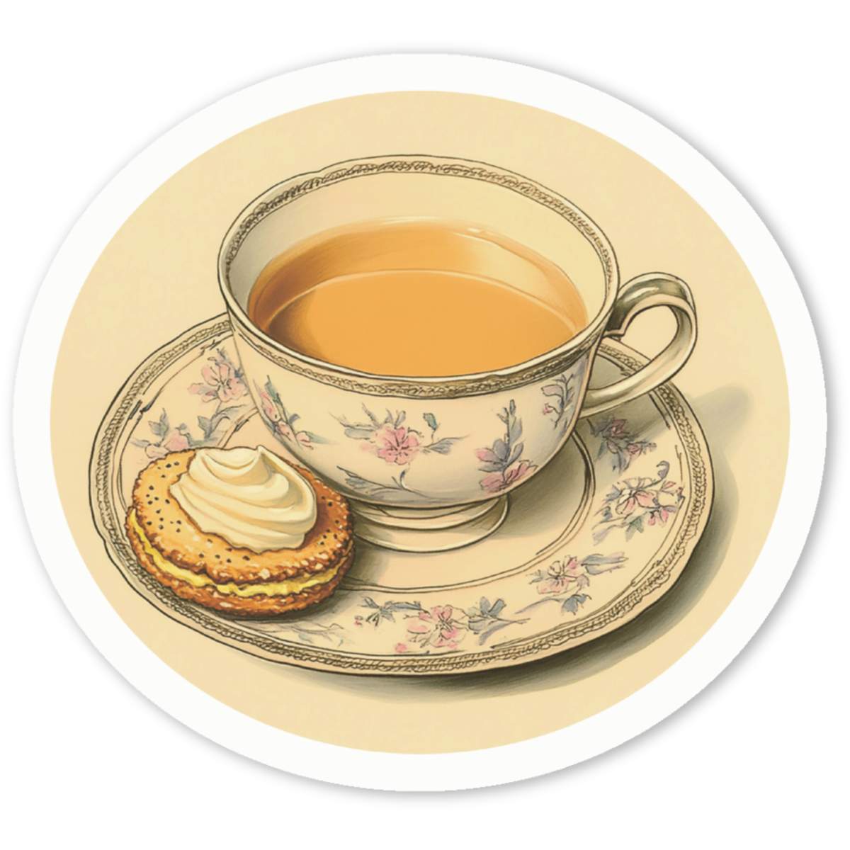 4 x 'Cup of Tea with a Custard Cream Biscuit' White Premium Vinyl Decal Stickers – Waterproof, Durable & Easy to Apply - For Car Bumpers, Windows, Bins & More - Small (50mm) (DW001