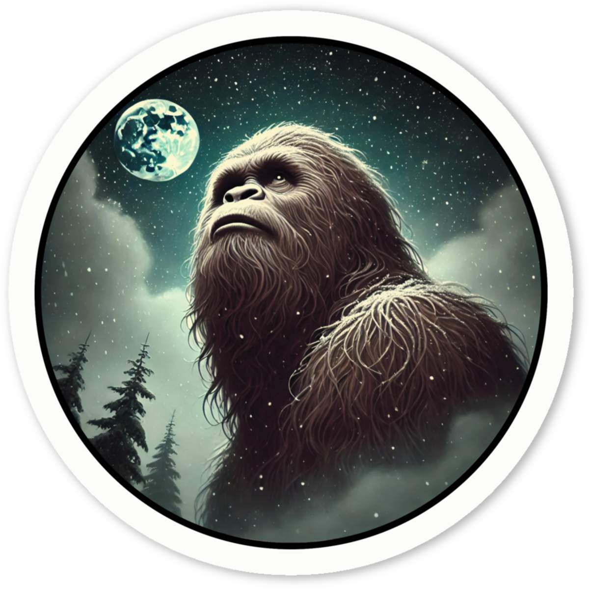 'Sasquatch By Moonlight' White Vinyl Decal Sticker - Waterproof Permanent Vinyl Decal for Cars, Windows and Bins (DW051819)