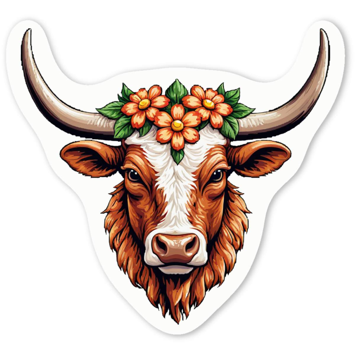 'Longhorn Bull & Flowers' White Vinyl Decal Sticker - Waterproof Permanent Vinyl Decal for Cars, Windows and Bins (DW060935)