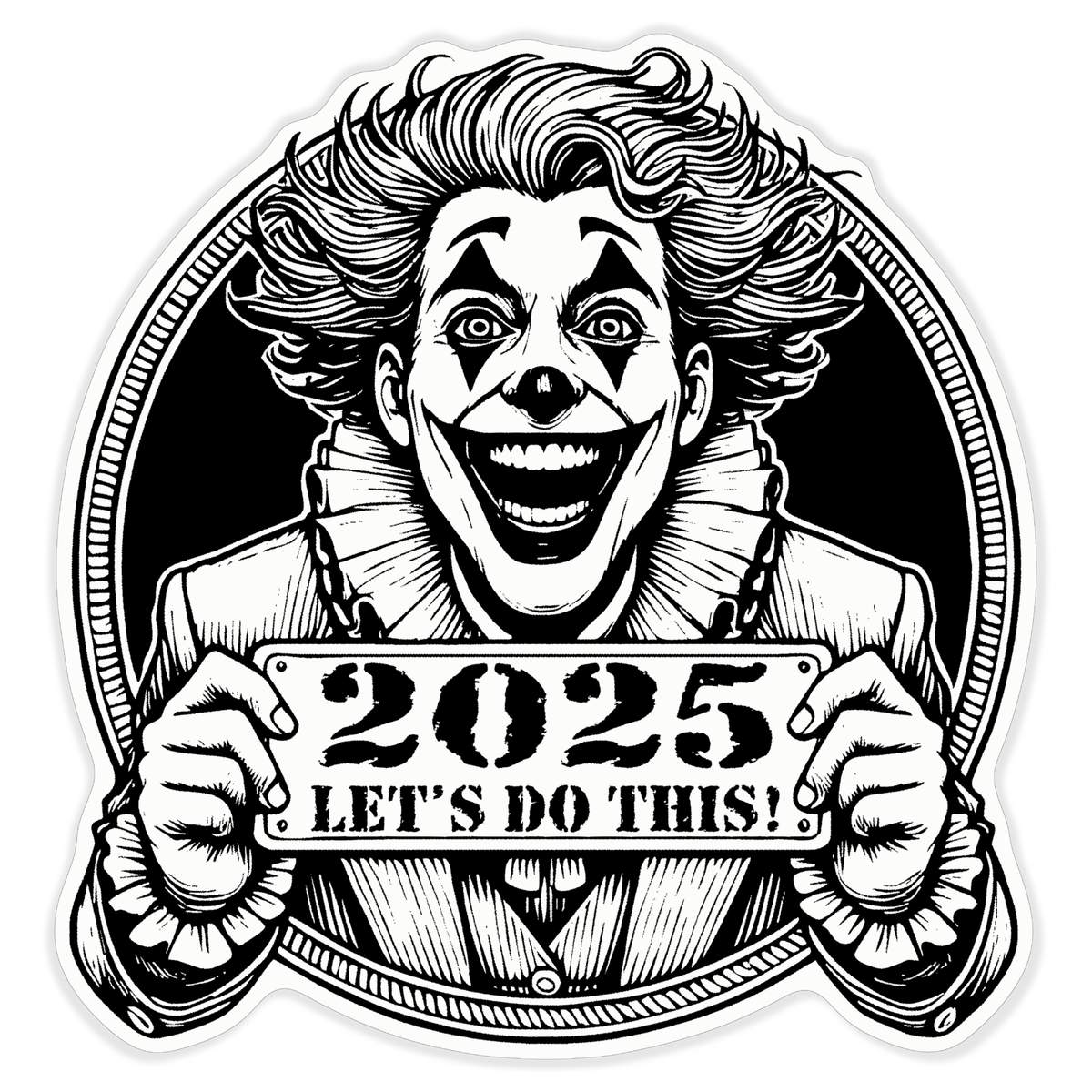'Clown New Year 2025' Vinyl Decal Sticker - White, 46cm - Waterproof Permanent Graphic for Cars, Windows, Bins and Smooth Surfaces (DW00130583)
