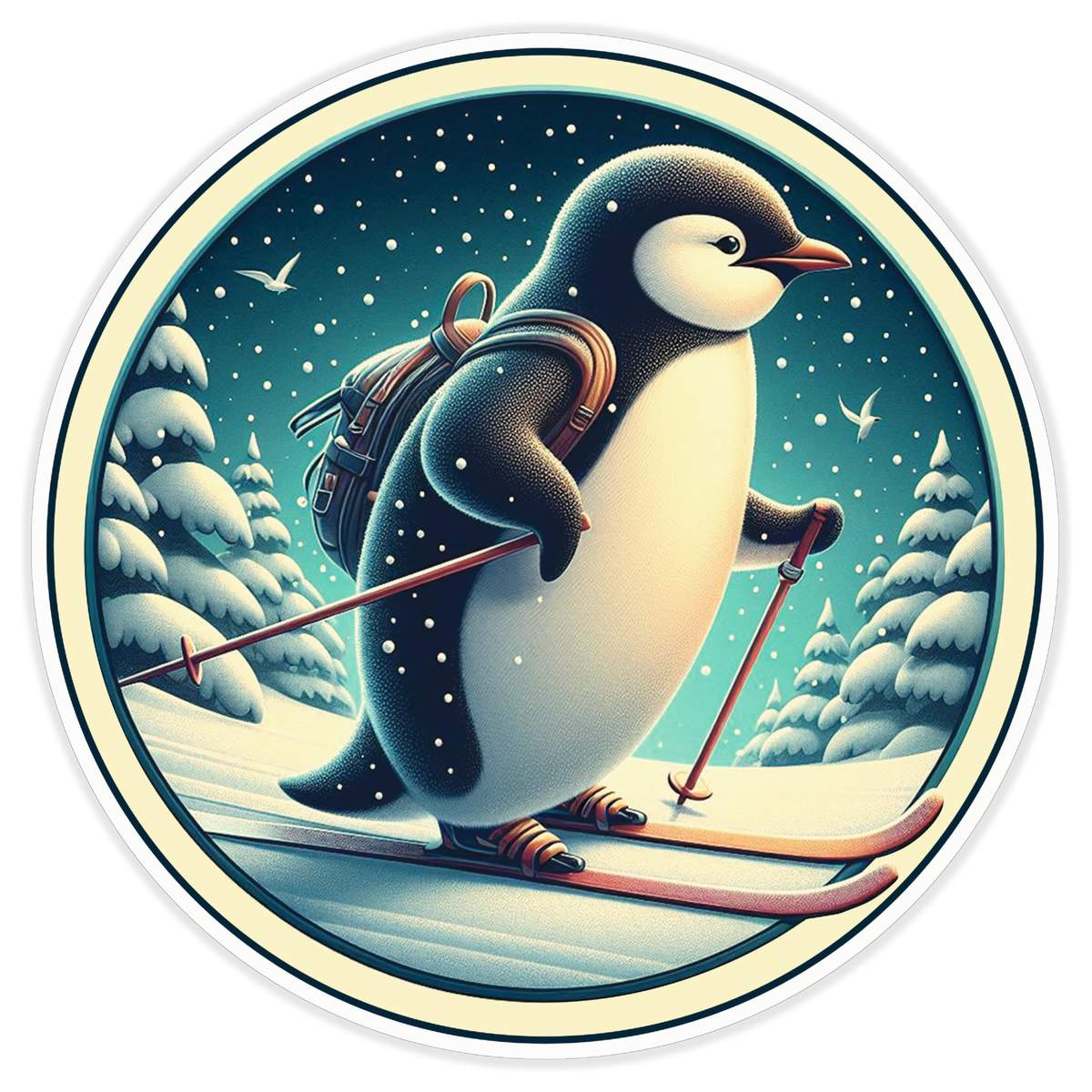 'Cute Penguin Winter Skiing Trip' White Premium Vinyl Decal Sticker – Waterproof, Durable & Easy to Apply - For Car Bumpers, Windows, Bins & More - XL (460mm) (DW00148899)