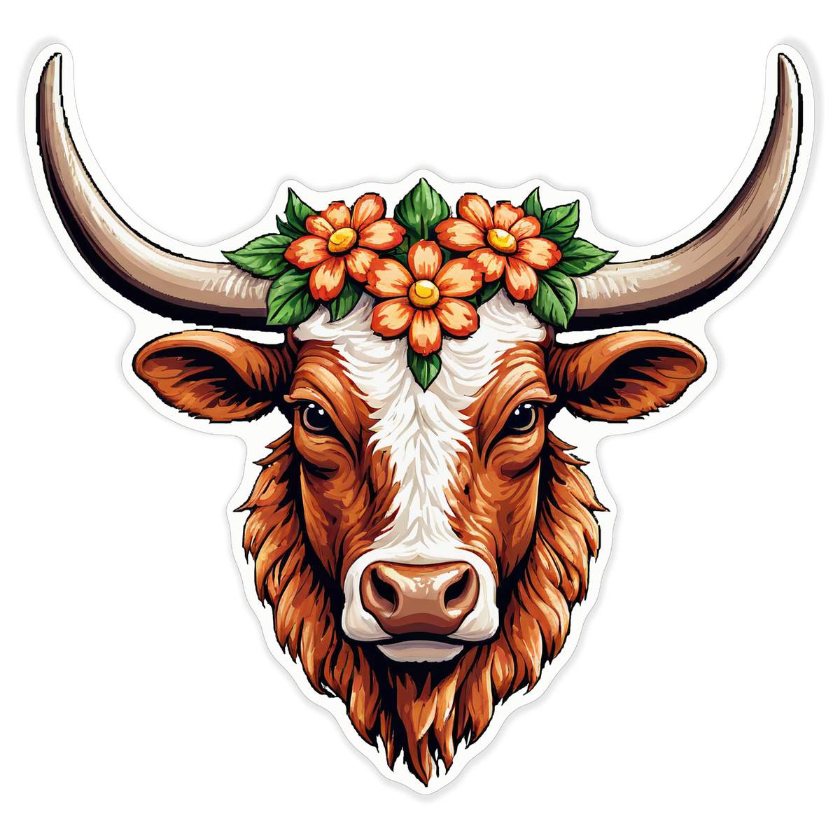 'Longhorn Bull & Flowers' Vinyl Decal Sticker - White, 46cm - Waterproof Permanent Graphic for Cars, Windows, Bins and Smooth Surfaces (DW00190053)