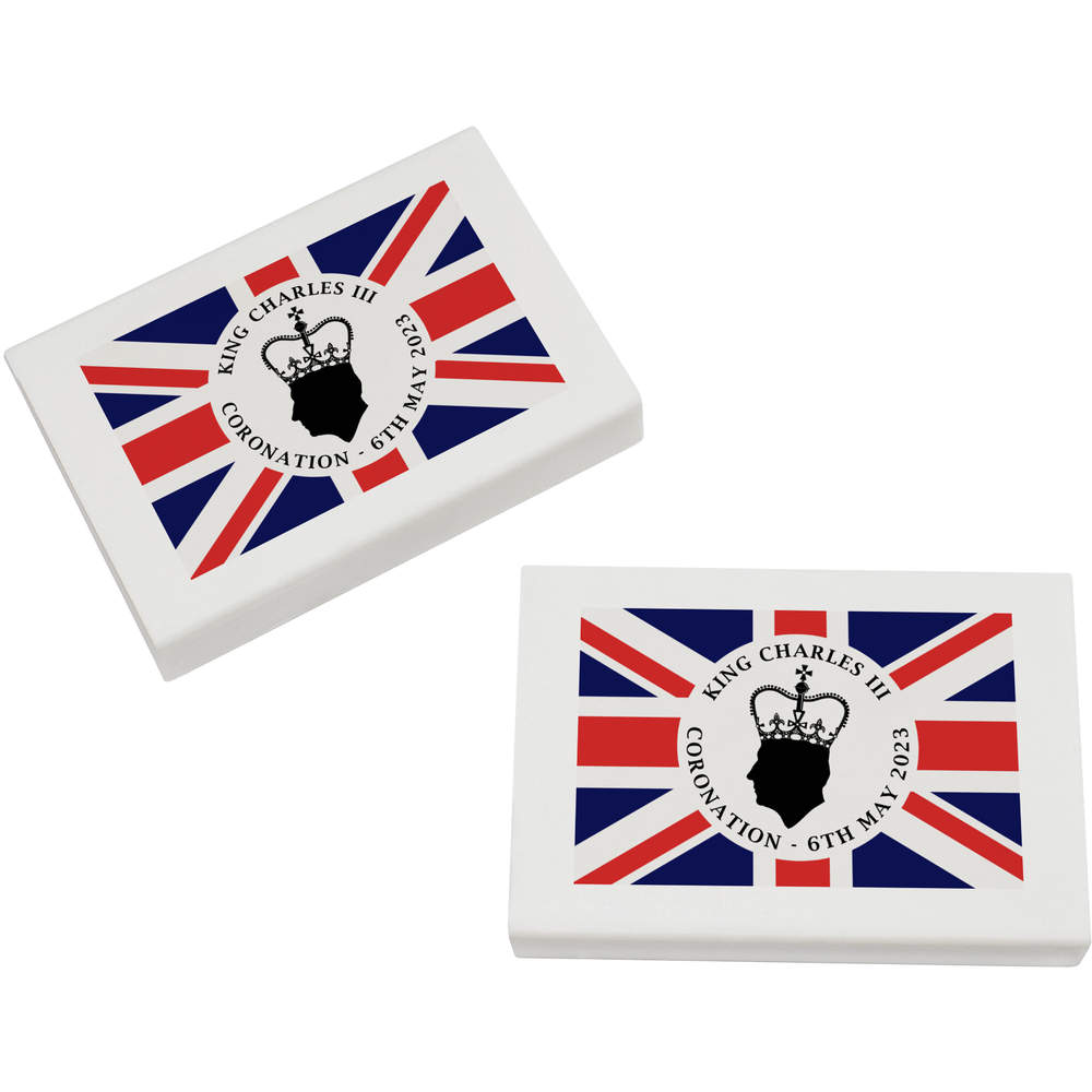 2 x 'King Charles Union Jack' Erasers / Rubbers - 45mm Pencil Erasers for School, Office, Drawing and Stationery Gifts (ER00035243)