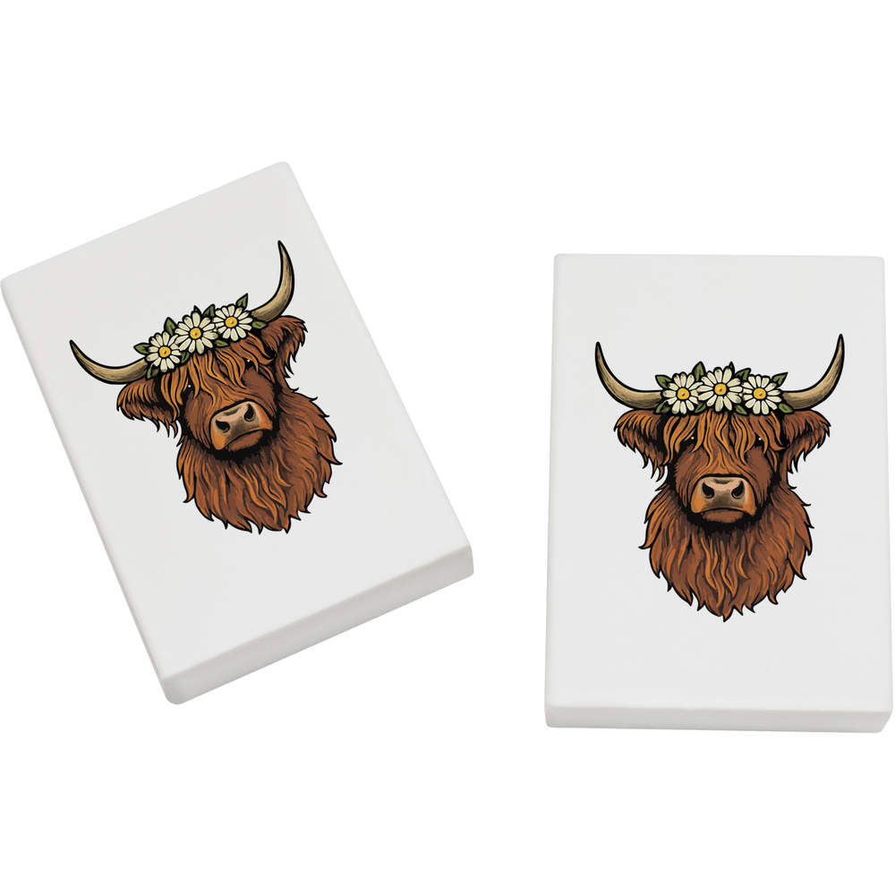 2 x 45mm 'Highland Cow with Daisy Crown' Erasers / Rubbers (ER00051545)