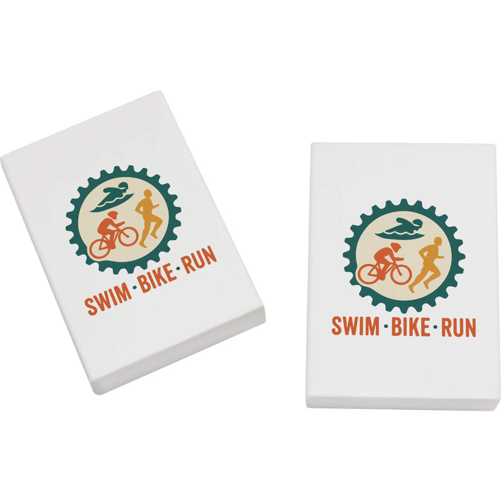 2 x 'Swim Bike Run Triathlon' Erasers / Rubbers - 45mm Pencil Erasers for School, Office, Drawing and Stationery Gifts (ER00051573)