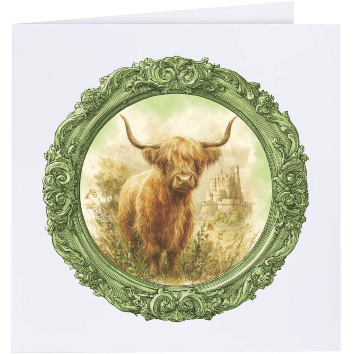 'Highland Cow with Castle in Circle Frame' Greeting Cards (GC054415)