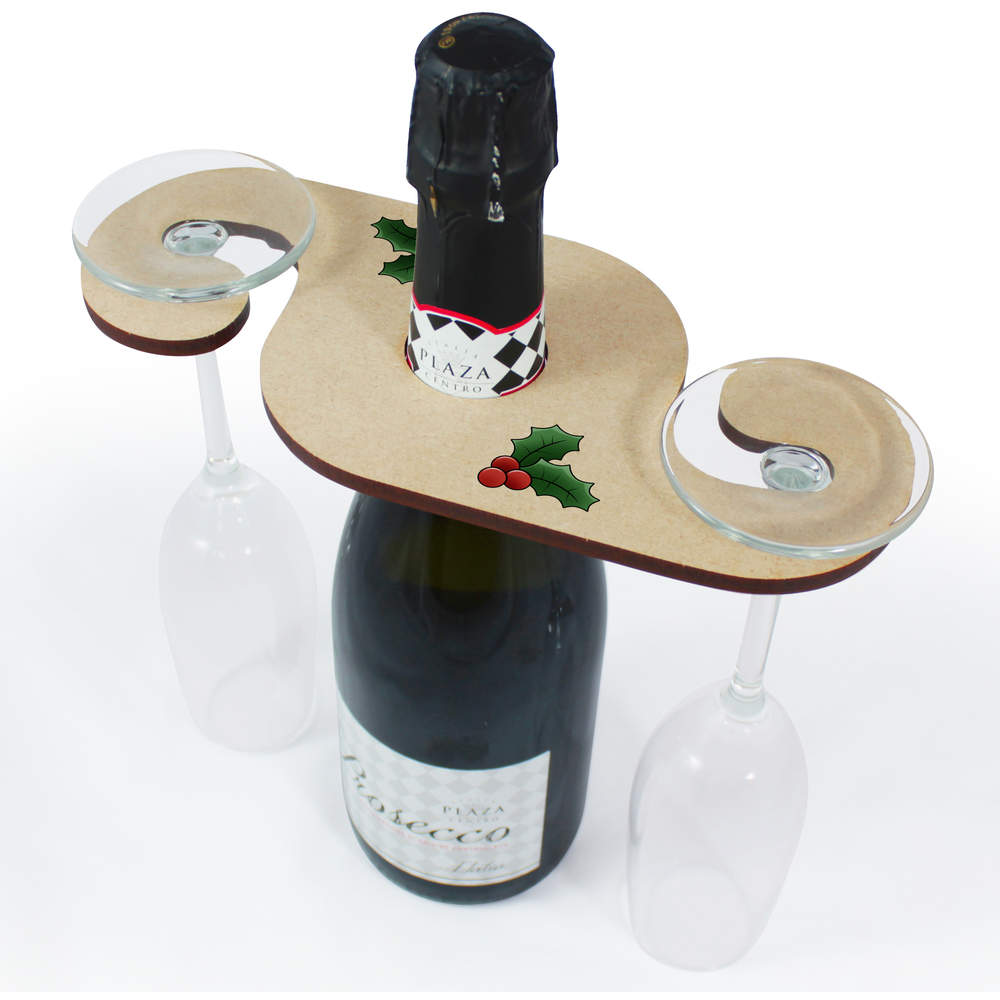 'Christmas Holly' Wooden Wine Glass / Bottle Holder (GH00051405)