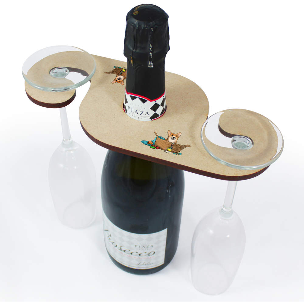 'Corgi In Basket' Wooden Wine Glass / Bottle Holder (GH00061441)