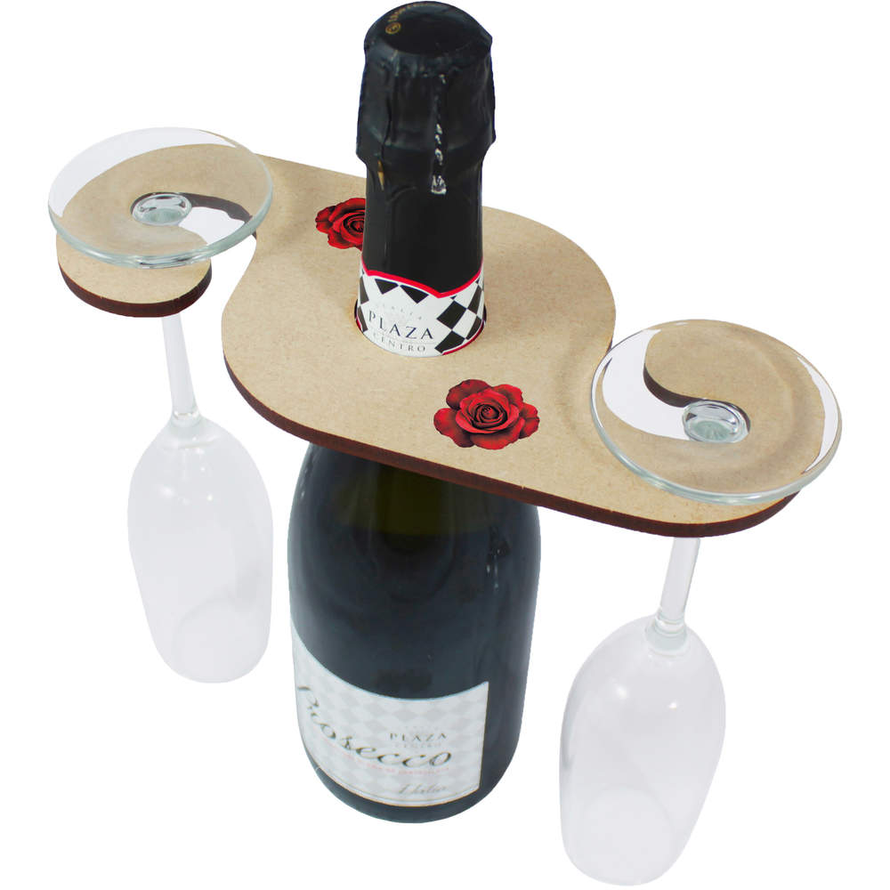 'Red Rose Top View' Wooden Wine Glass / Bottle Holder (GH00076744)