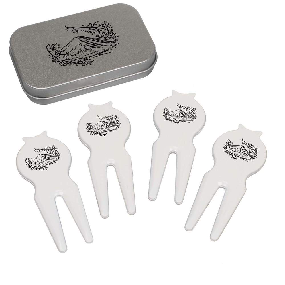 'Mount Fuji' Golf Divot Tool / Repair Fork Gift Set - Set of 4 in a Matching Tin for Golfers, Tournaments and Gifts (GO00055064)