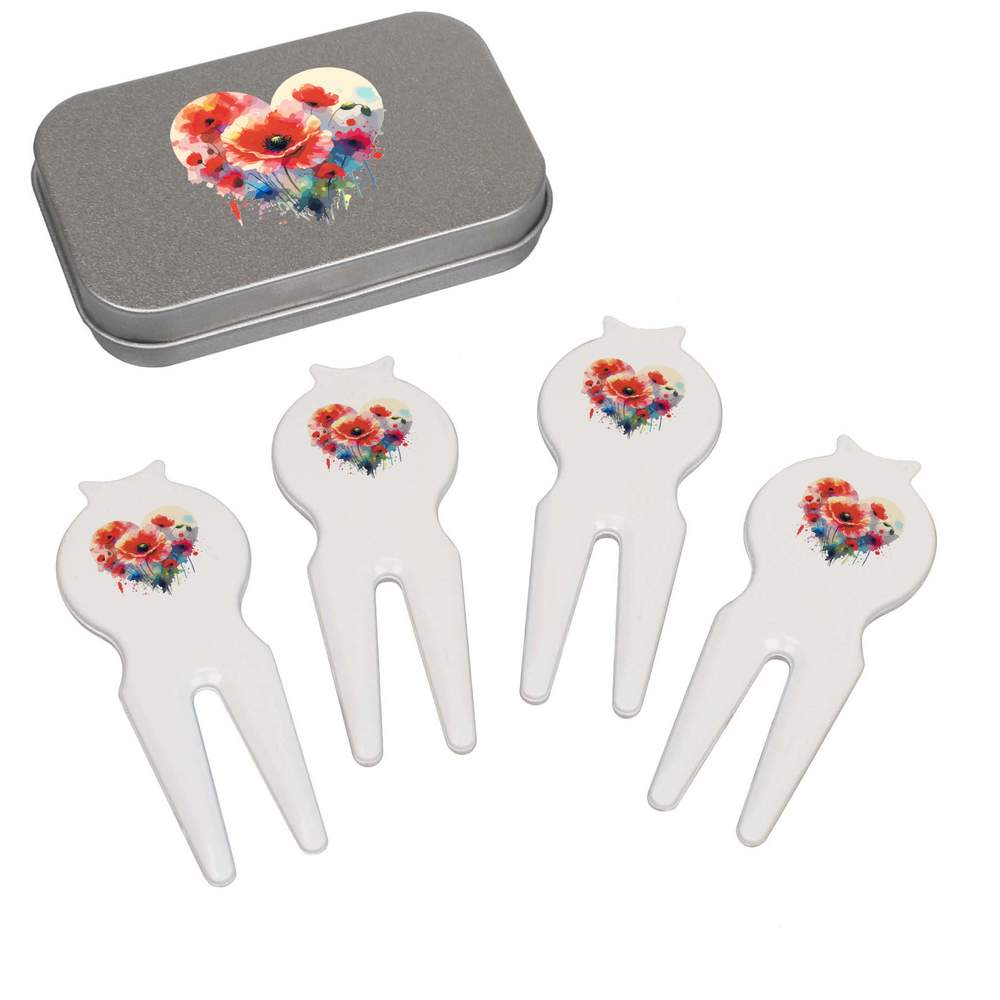 'Red Poppy Heart' Golf Divot Tool / Repair Fork Gift Set (GO00063339)