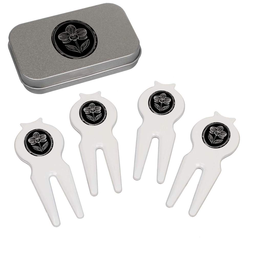 'Orchid Flower in Oval Frame' Golf Divot Tool / Repair Fork Gift Set (GO00065549)