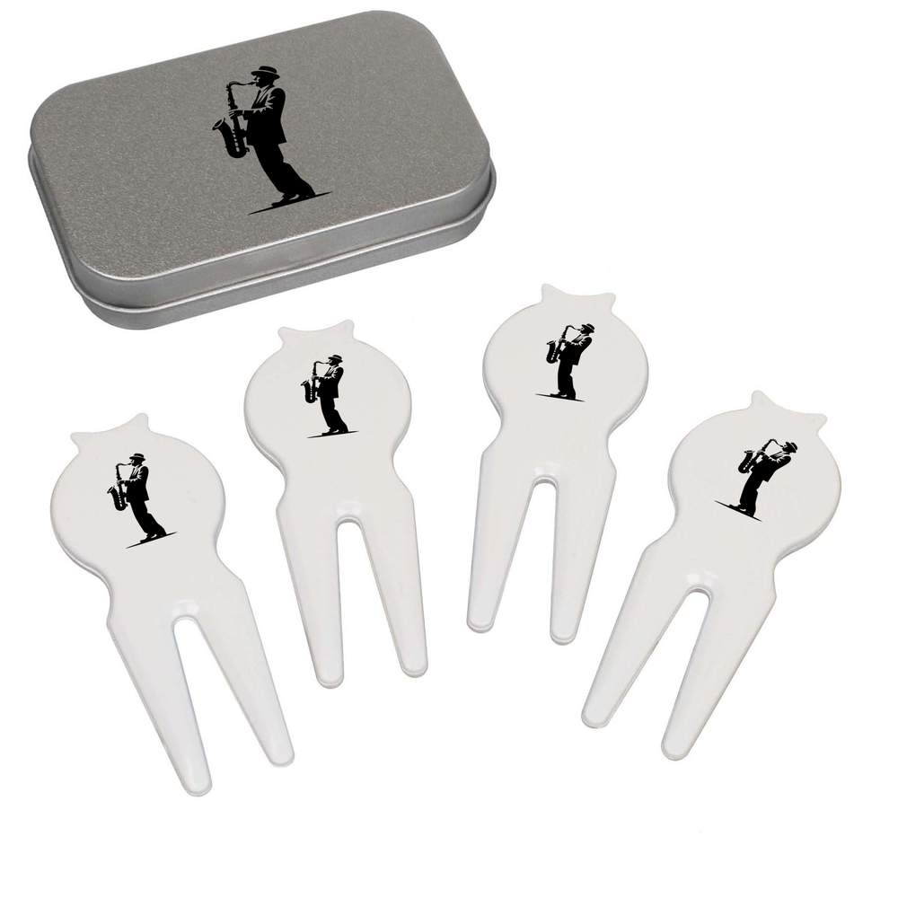 'Saxophone Player' Golf Divot Tool / Repair Fork Gift Set - Set of 4 in a Matching Tin for Golfers, Tournaments and Gifts (GO00072017)