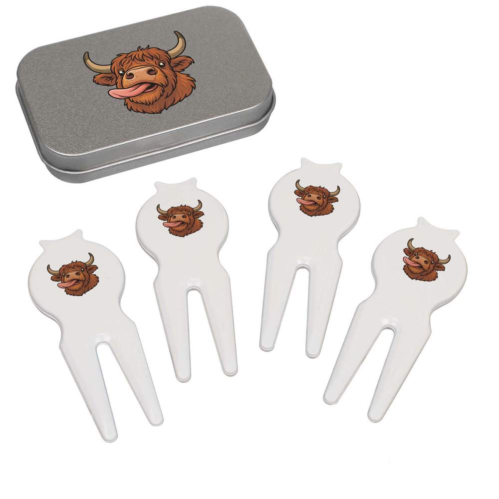 'Highland Cow with Tongue Sticking Out' Golf Divot Tool / Repair Fork Gift Set (GO00086000)