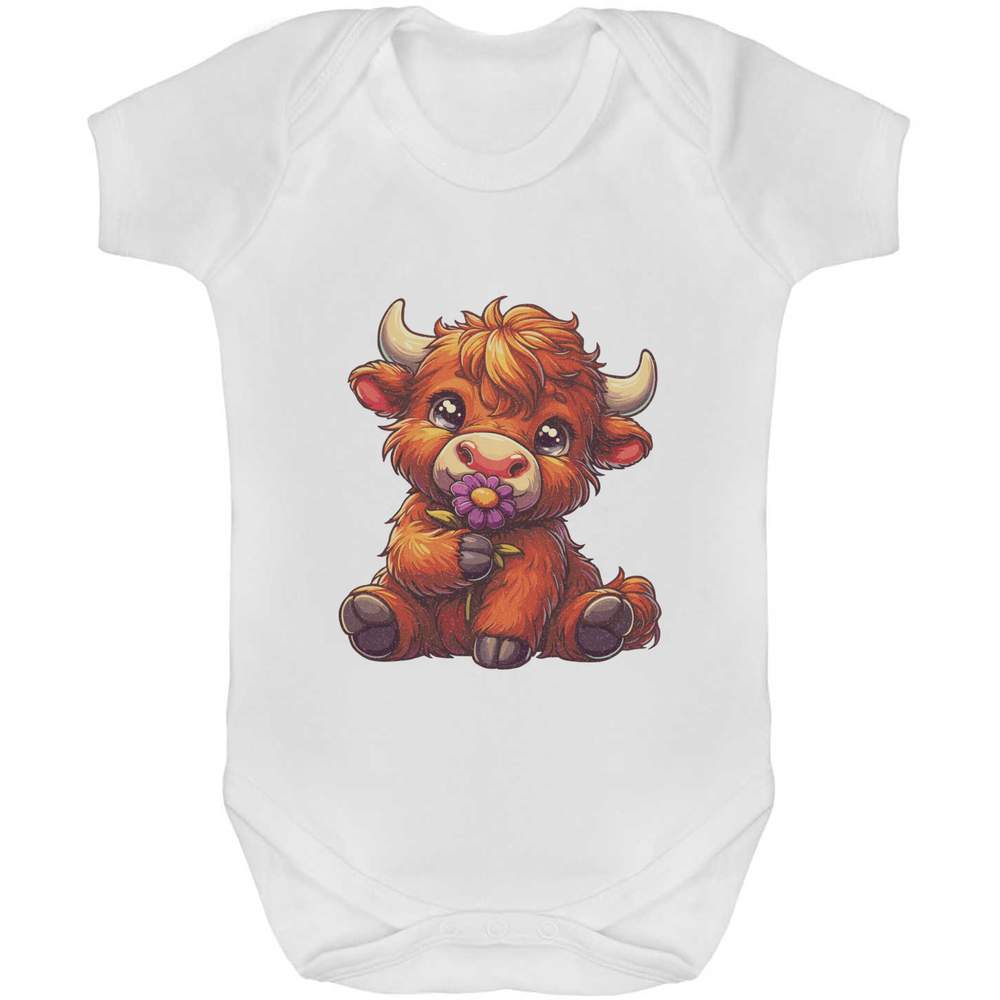 'Cute Highland Cow With Flower' Baby Grows / Bodysuits (GR052813)