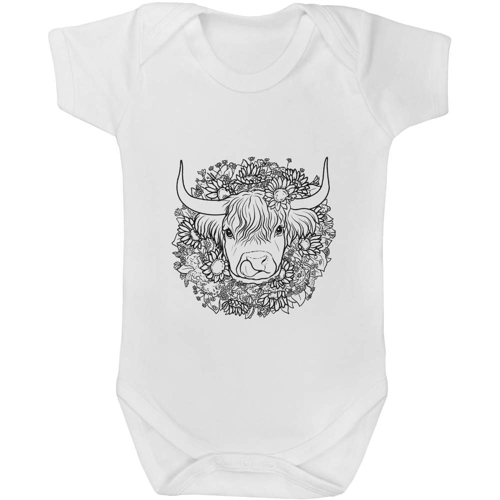 'Sunflower Highland Cow' Baby Grows / Bodysuits (GR048078)