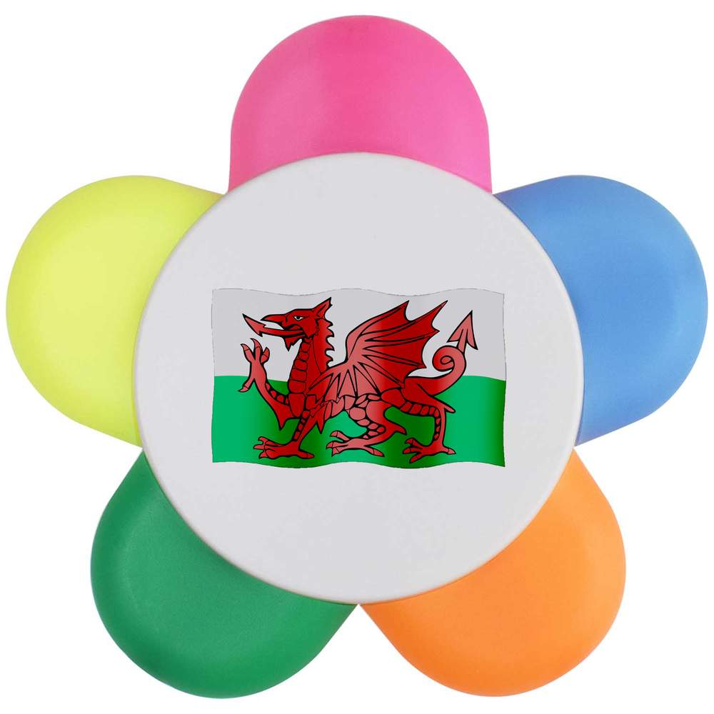 'Welsh Flag' Flower Shaped Highlighter Pen - 5 Colour Marker for School, Teachers and Students (HL00018932)