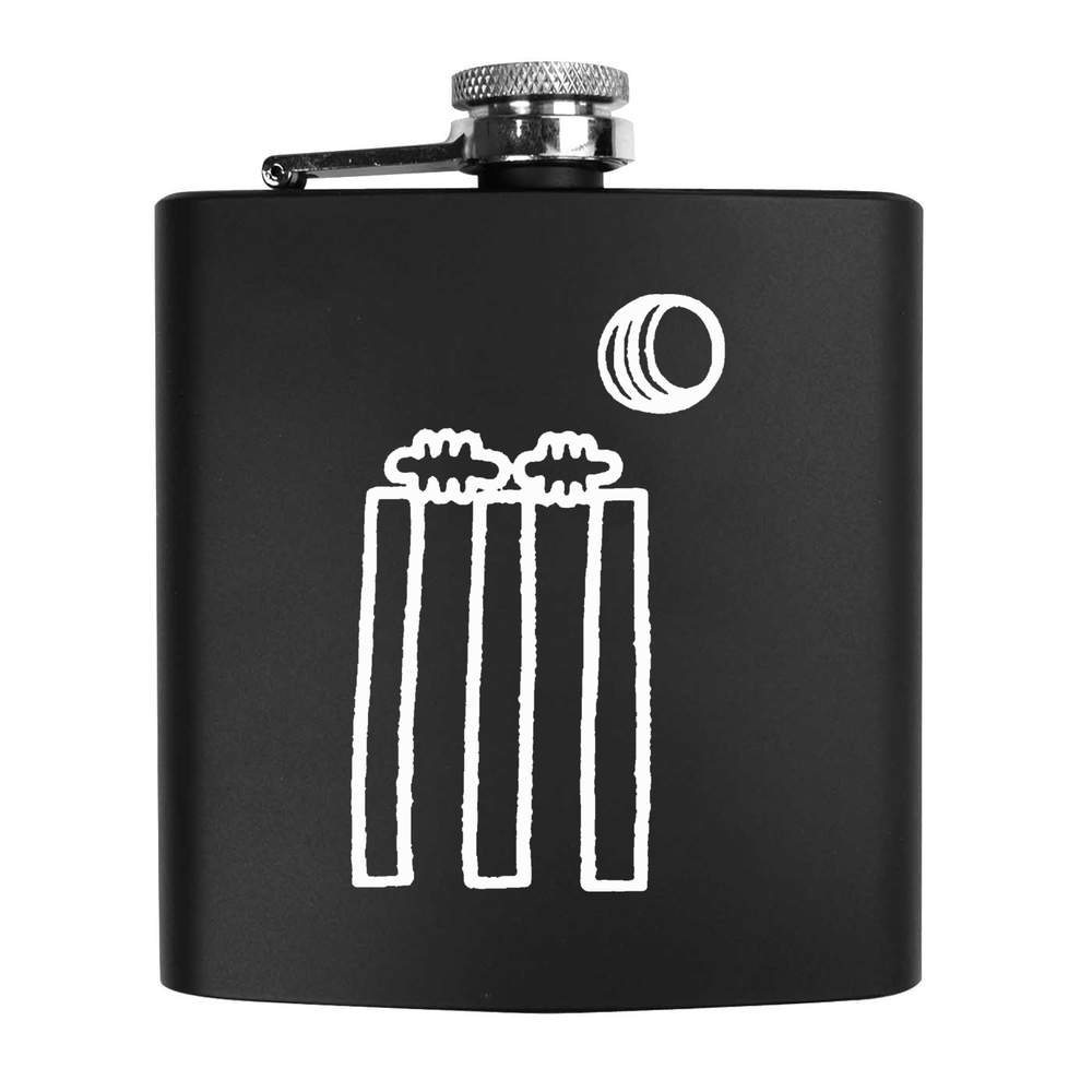 'Cricket Wickets & Ball' Pocket Hip Flask - Black, 6oz - 170ml Stainless Steel Drinks Flask for Travel, Weddings and Gifts (HP00005826)
