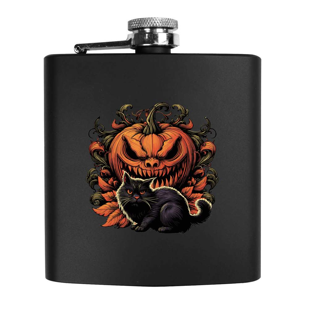 6oz (170ml) 'Halloween Pumpkin And Black Cat' Pocket Hip Flask (HP00033855)