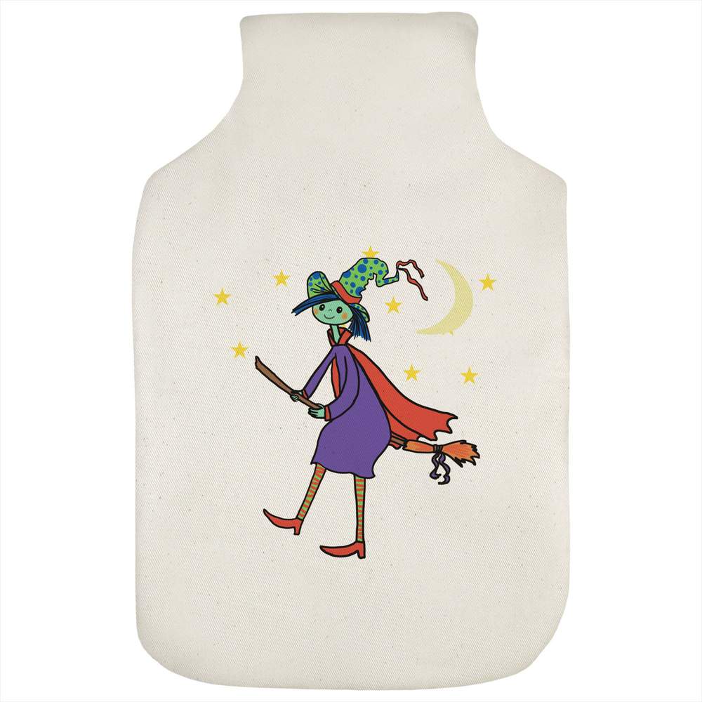 'Witch Flying In Night Sky' Hot Water Bottle Cover - Natural - Soft Fabric Case for Bedtime, Winter Warmth, Home and Gifts (HW00044365)
