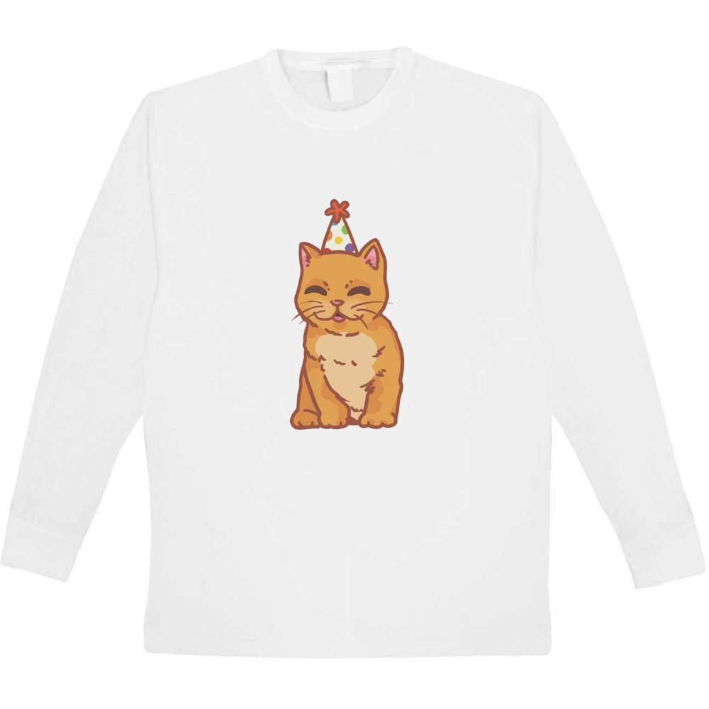 'Smiling Party Hat Ginger Kitten' Children's / Kid's Long Sleeve Cotton T-Shirt (12-13 Years) (KL00107273)