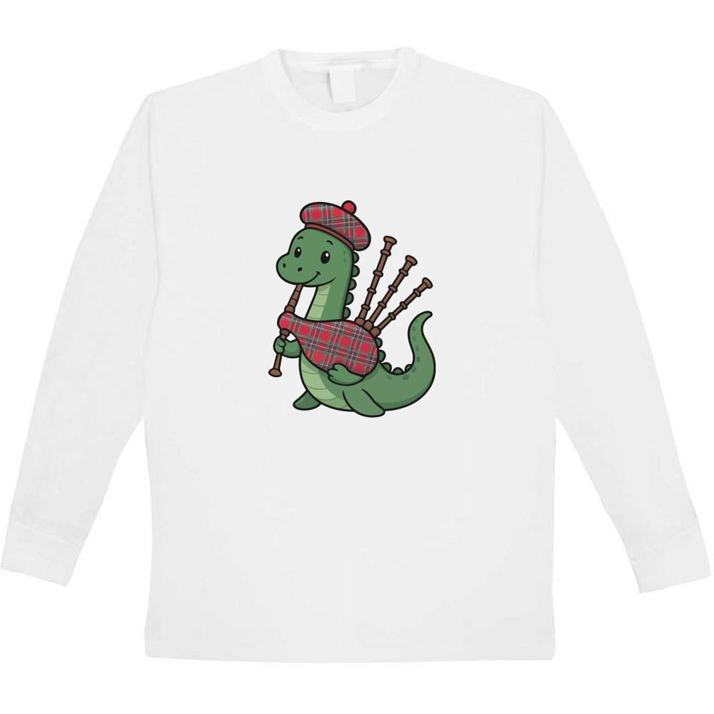 'Nessie Playing Bagpipes' Kids Long Sleeve T-Shirt - White, 12-13 Years - Childrens Cotton Top for School, Play, Sports and Gifts (KL00186988)