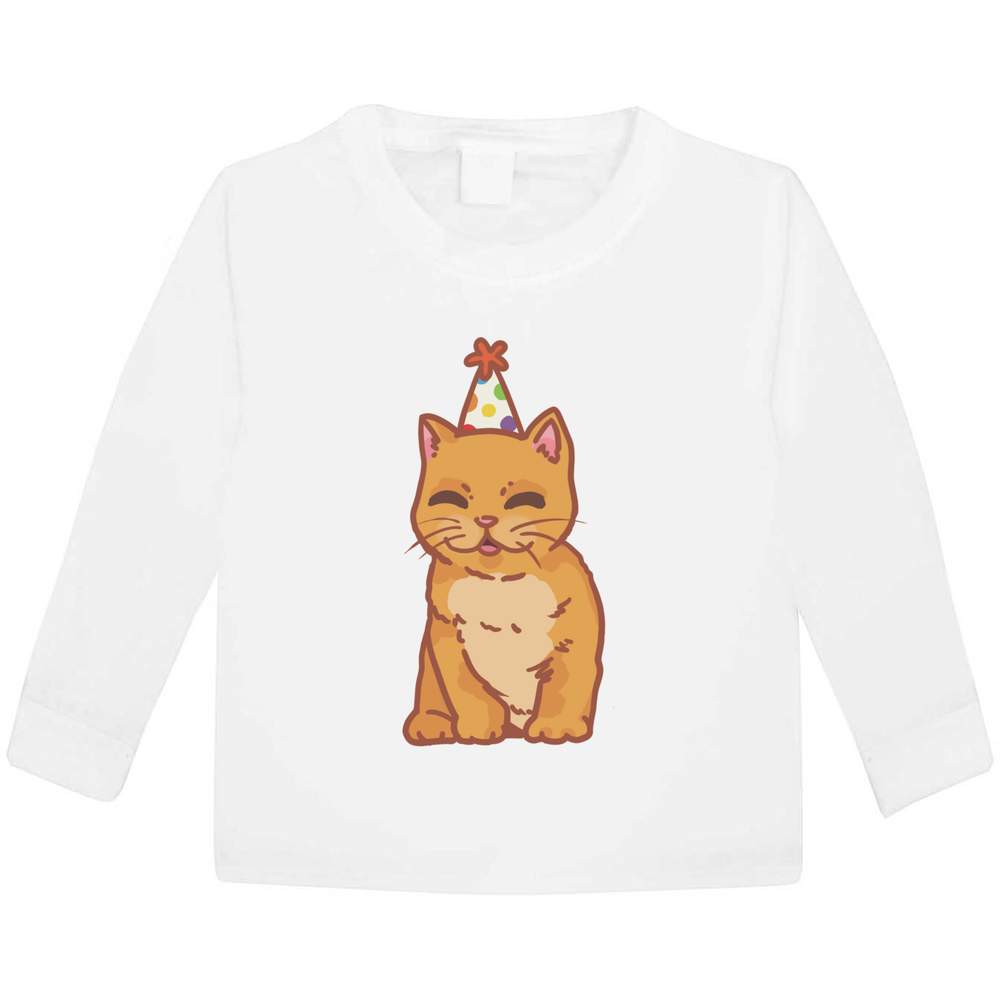 'Smiling Party Hat Ginger Kitten' Children's / Kid's Long Sleeve Cotton T-Shirts (KL039871)