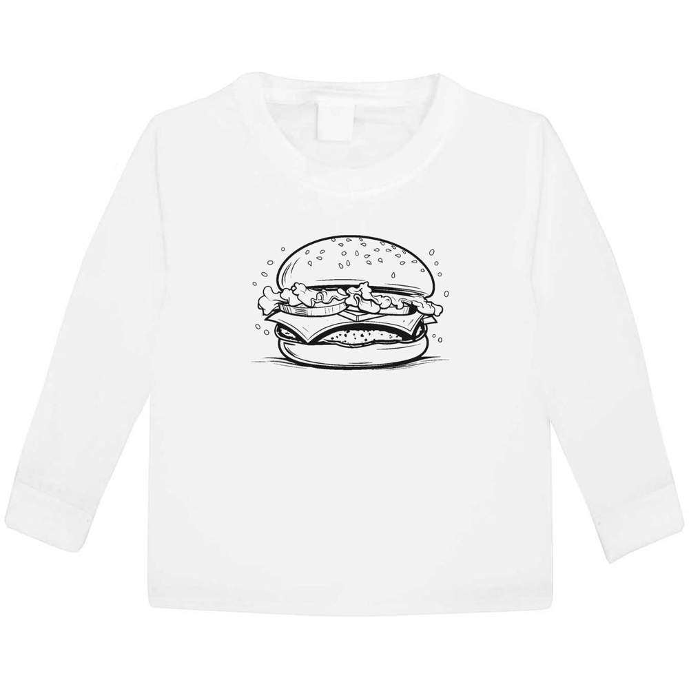 'Burger' Kids Long Sleeve T-Shirt - White, 3-4 Years - Childrens Cotton Top for School, Play, Sports and Gifts (KL00109319)