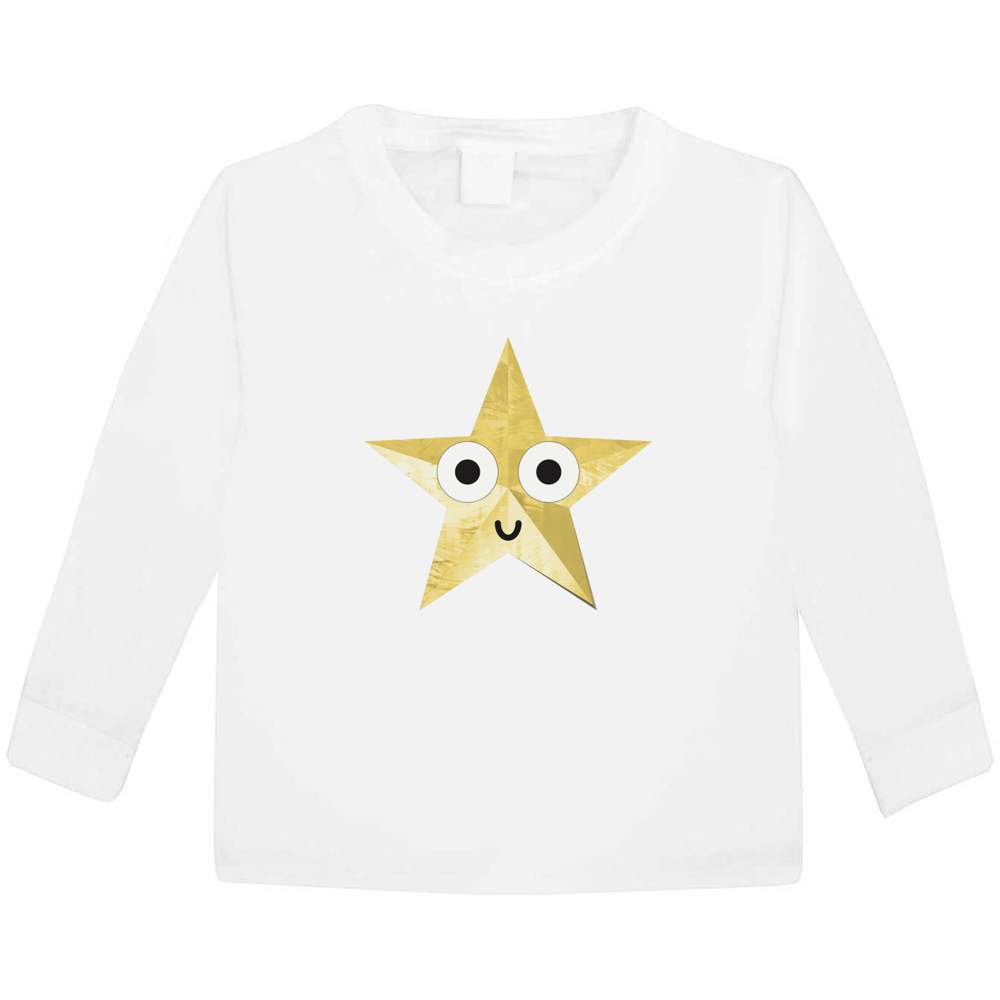 'Happy Star' Kids Long Sleeve T-Shirt - White, 3-4 Years - Childrens Cotton Top for School, Play, Sports and Gifts (KL00135929)