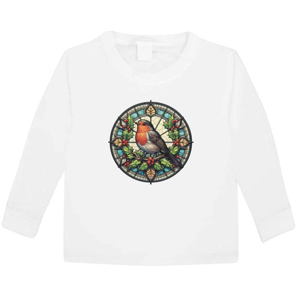 'Robin Stained Glass Window' Children's / Kid's Long Sleeve Cotton T-Shirts (KL056026)