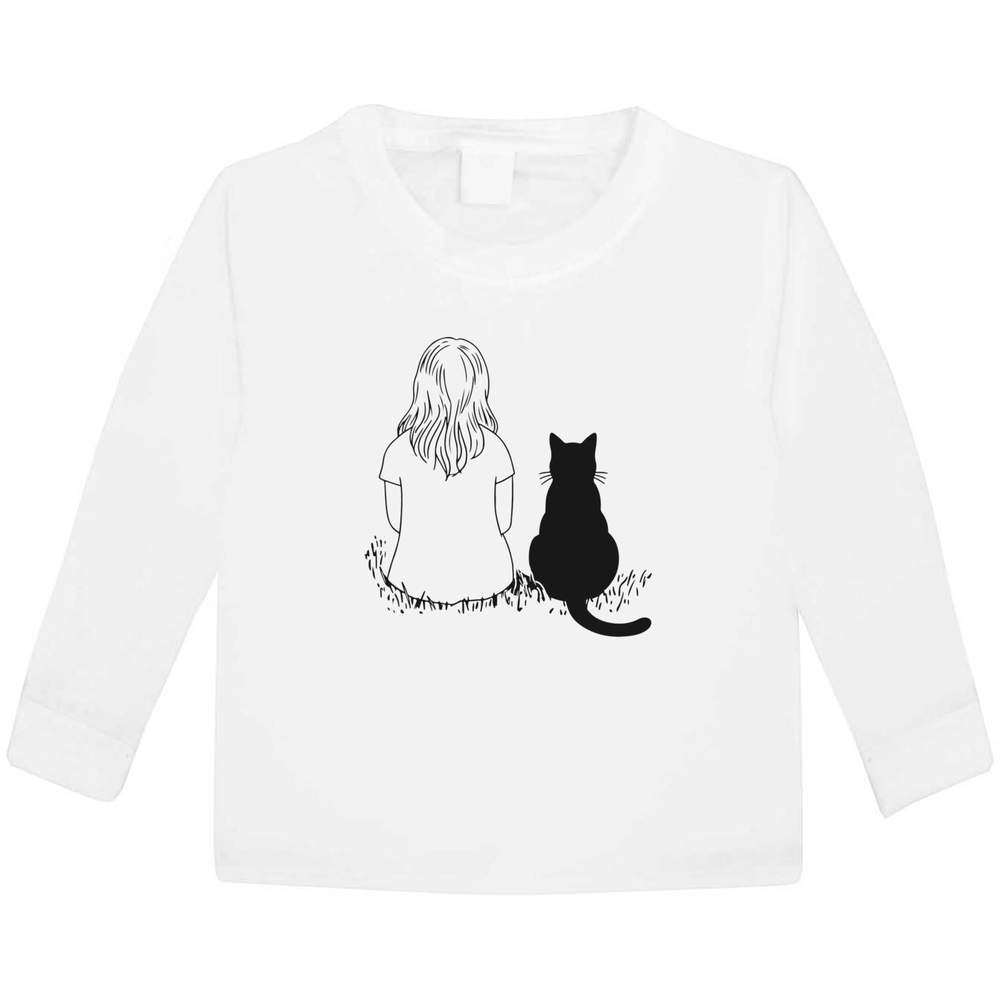 'Girl And Cat Together' Kids Long Sleeve T-Shirt - Long Sleeve Childrens Cotton Top for School, Play, Sports and Gifts (KL060762)