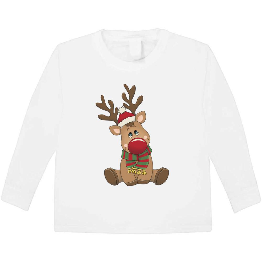 'Christmas Reindeer' Kids Long Sleeve T-Shirt - White, 5-6 Years - Childrens Cotton Top for School, Play, Sports and Gifts (KL00055097)
