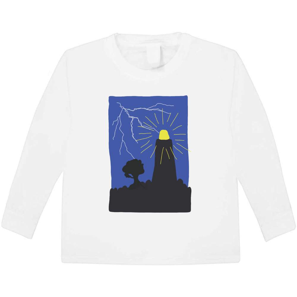 'Lighthouse and lightning ' Kids Long Sleeve T-Shirt - White, 5-6 Years - Childrens Cotton Top for School, Play, Sports and Gifts (KL00110410)