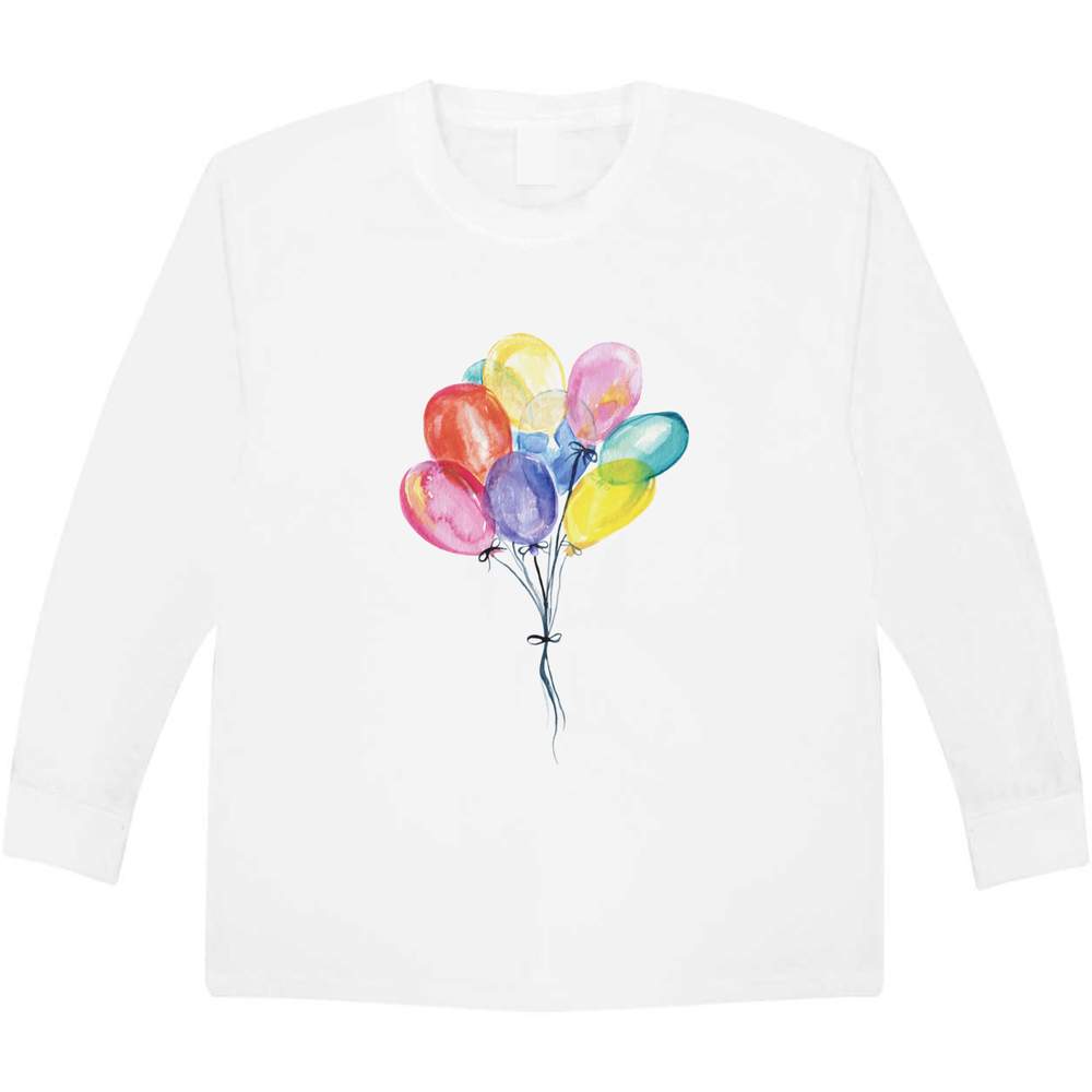 'Colorful Balloons Bunch' Kids Long Sleeve T-Shirt - White, 7-8 Years - Childrens Cotton Top for School, Play, Sports and Gifts (KL00104811)