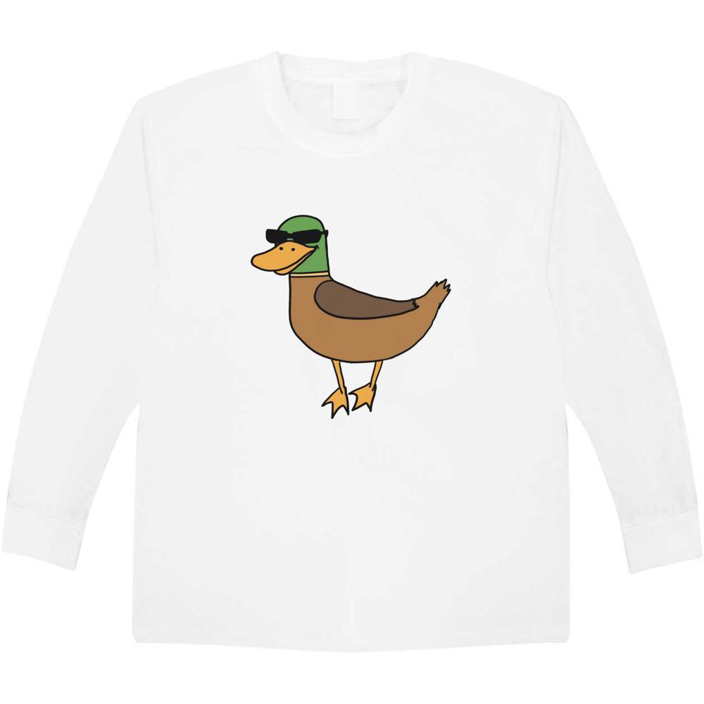 'Duck Wearing Sunglasses' Kids Long Sleeve T-Shirt - White, 7-8 Years - Childrens Cotton Top for School, Play, Sports and Gifts (KL00135676)