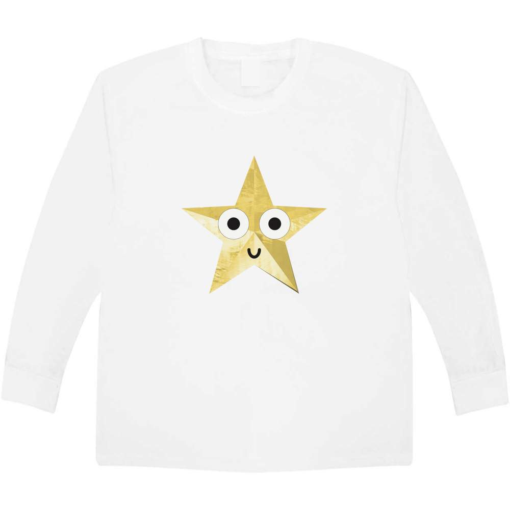 'Happy Star' Kids Long Sleeve T-Shirt - White, 7-8 Years - Childrens Cotton Top for School, Play, Sports and Gifts (KL00135931)