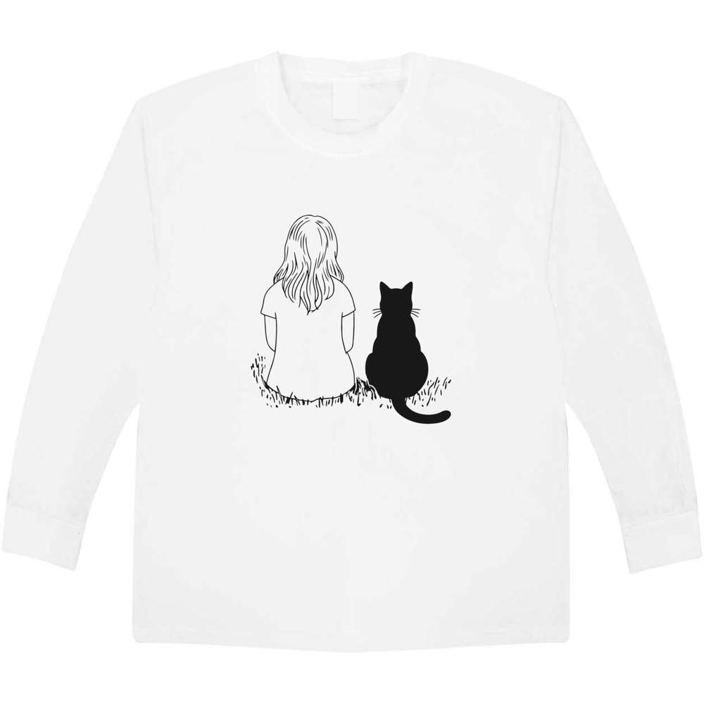 'Girl And Cat Together' Kids Long Sleeve T-Shirt - White, 7-8 Years - Childrens Cotton Top for School, Play, Sports and Gifts (KL00199572)