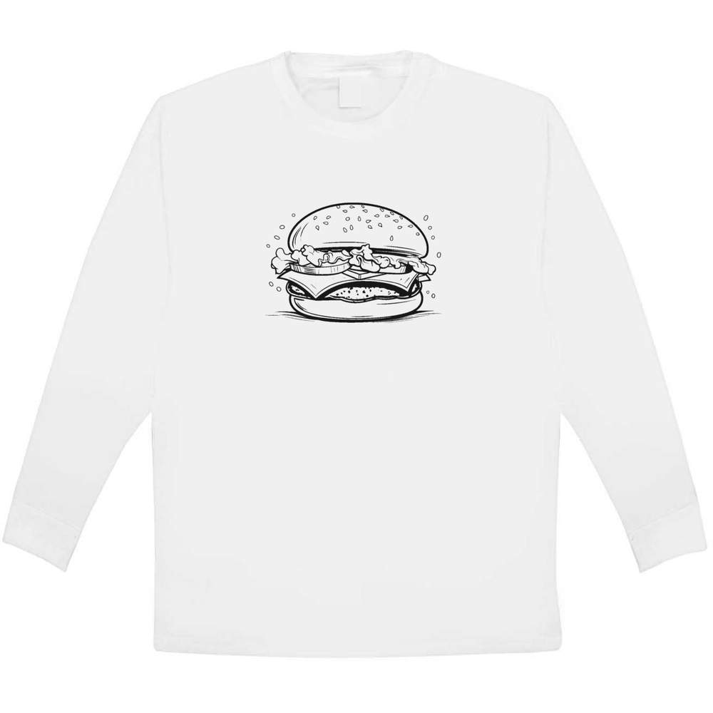'Burger' Kids Long Sleeve T-Shirt - White, 9-11 Years - Childrens Cotton Top for School, Play, Sports and Gifts (KL00109322)