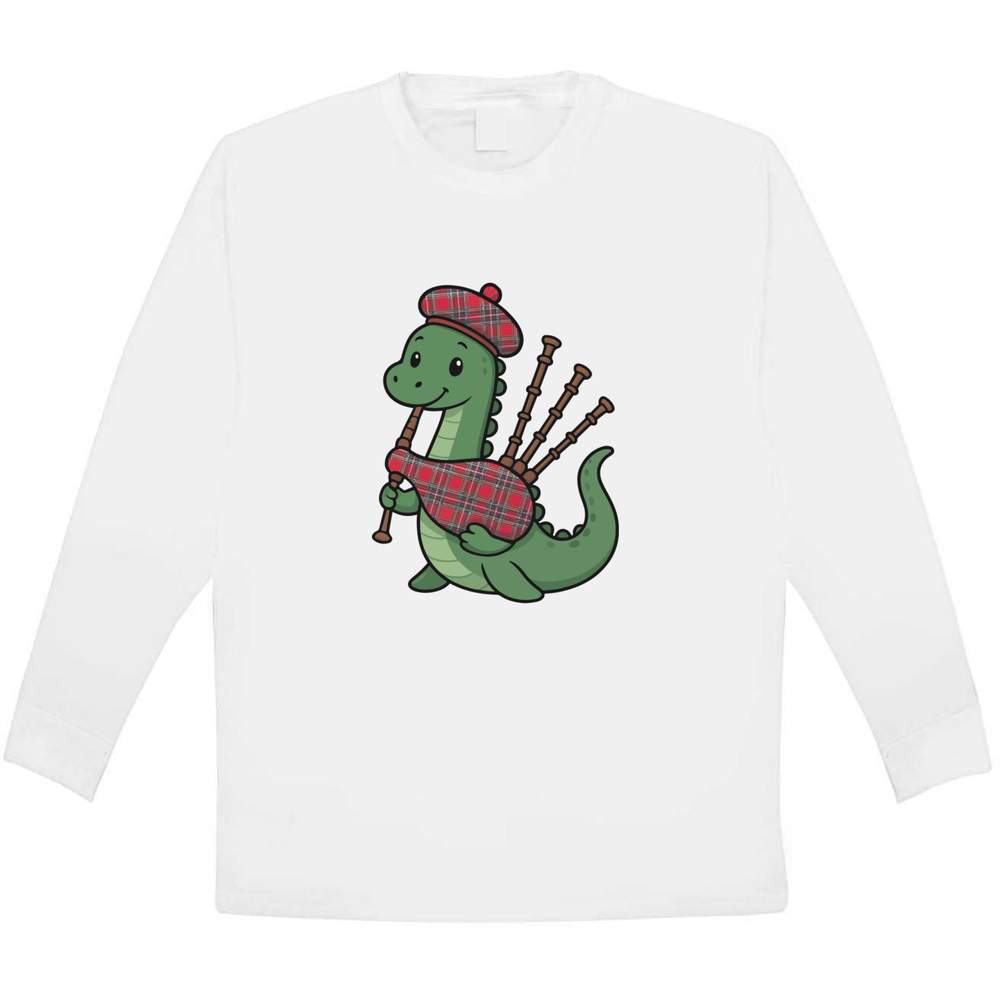 'Nessie Playing Bagpipes' Kids Long Sleeve T-Shirt - White, 9-11 Years - Childrens Cotton Top for School, Play, Sports and Gifts (KL00186987)