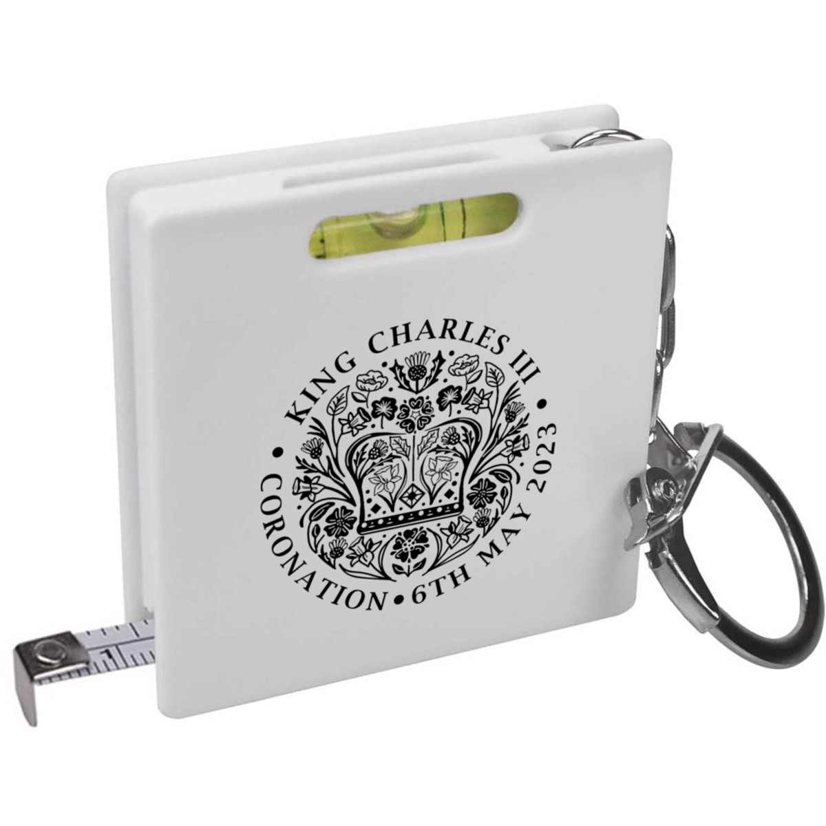 'King Charles Coronation Emblem' Keyring Tape Measure / Spirit Level Tool (KM00029616)